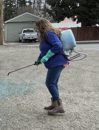 Weed Board staff demonstrating calibration using backpack sprayer